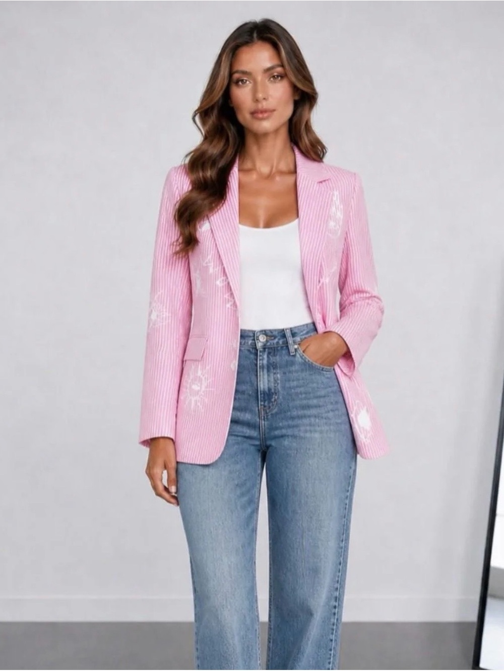 Pink Embroidered Women's Blazer Jacket - Feminine Tailored Blazer